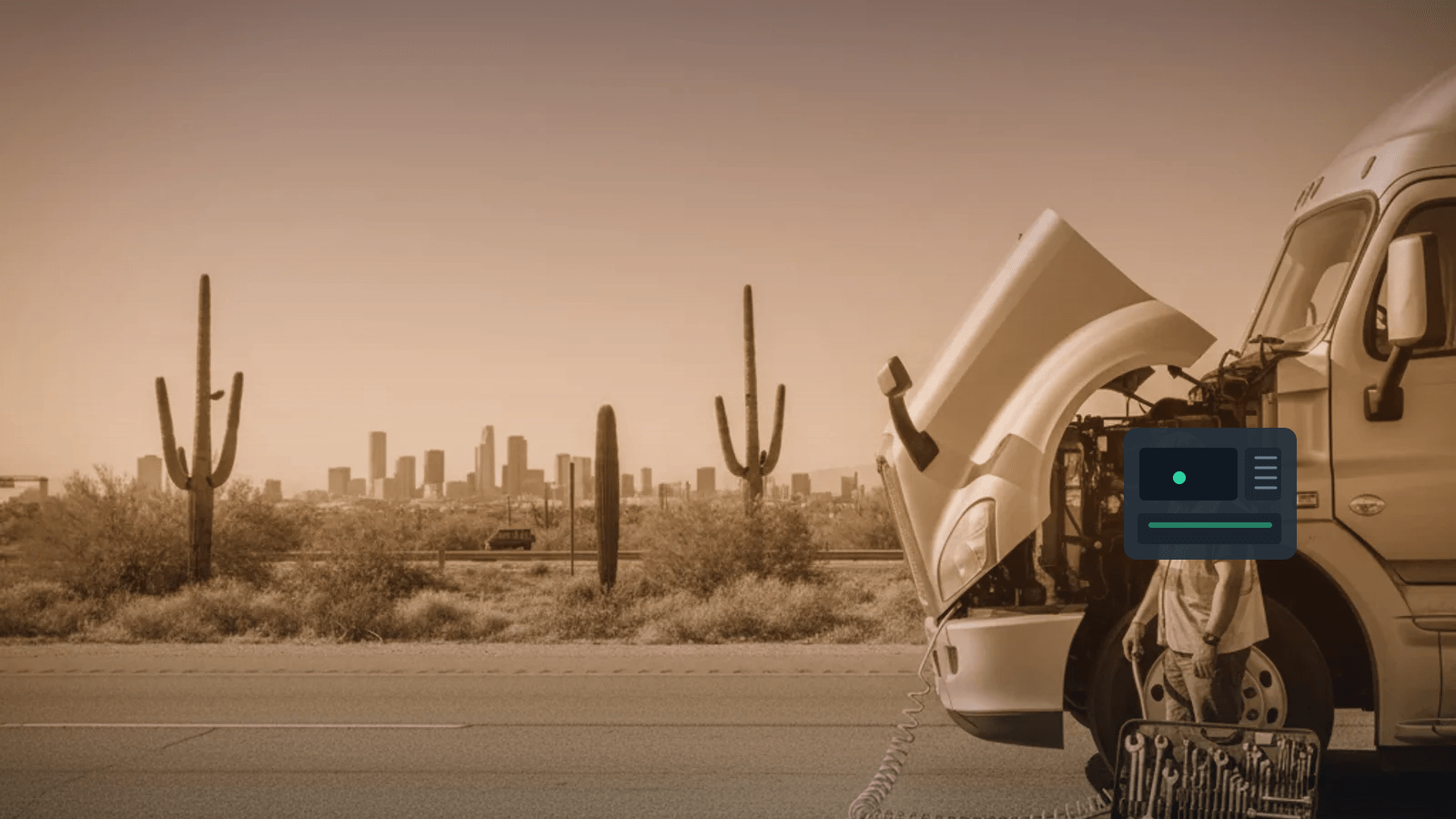 Class 8 truck in Phoenix with an electronic APU module visible during installation prep