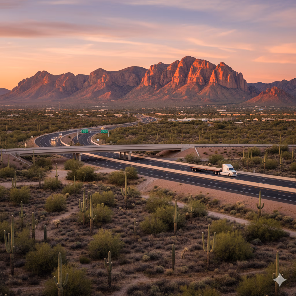 Professional mobile diesel mechanic truck on Apache Junction highway with downtown skyline - same-day emergency roadside assistance available