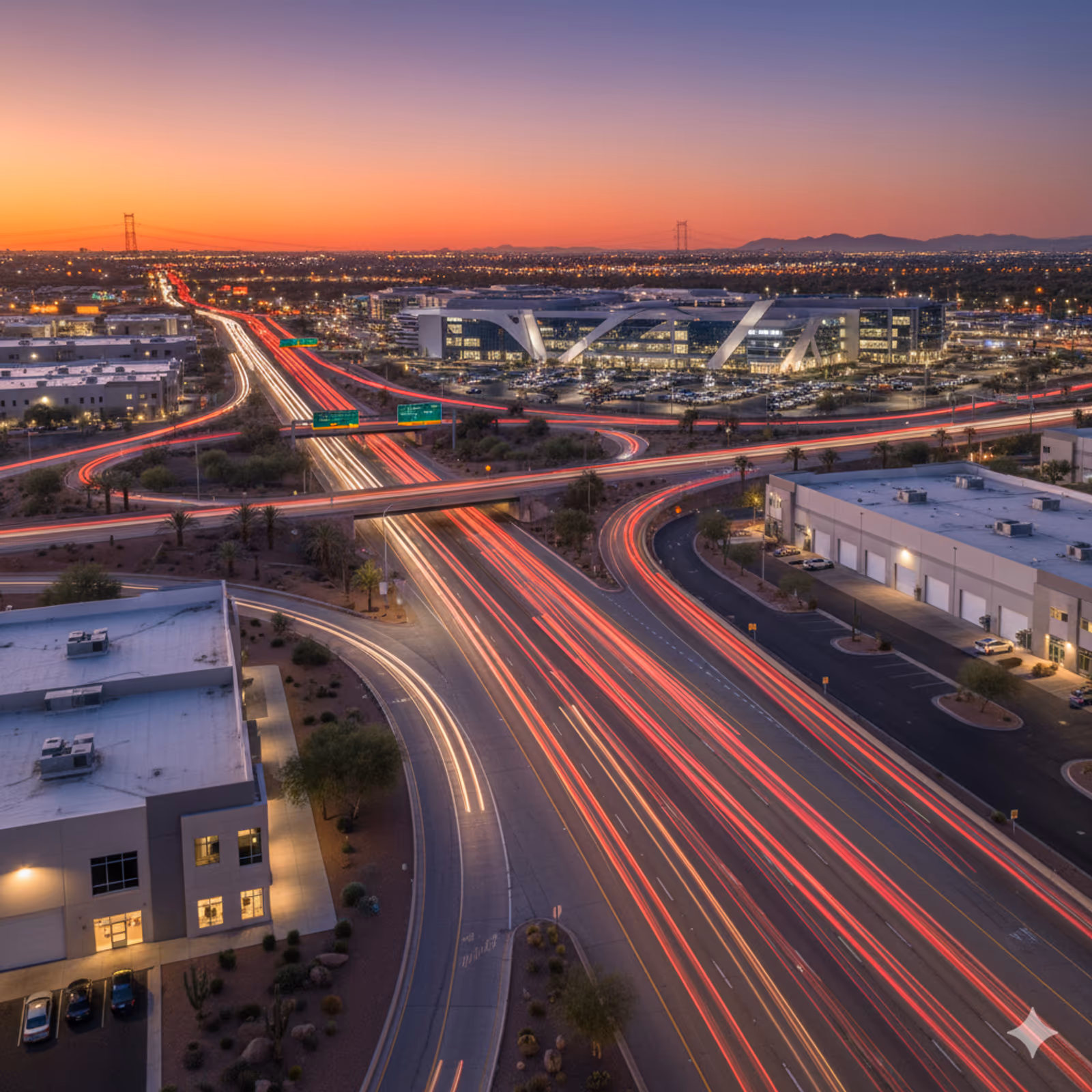 Professional mobile diesel mechanic truck on Chandler highway with downtown skyline - same-day emergency roadside assistance available