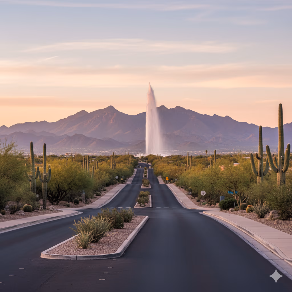 Professional mobile diesel mechanic truck on Fountain Hills highway with downtown skyline - same-day emergency roadside assistance available