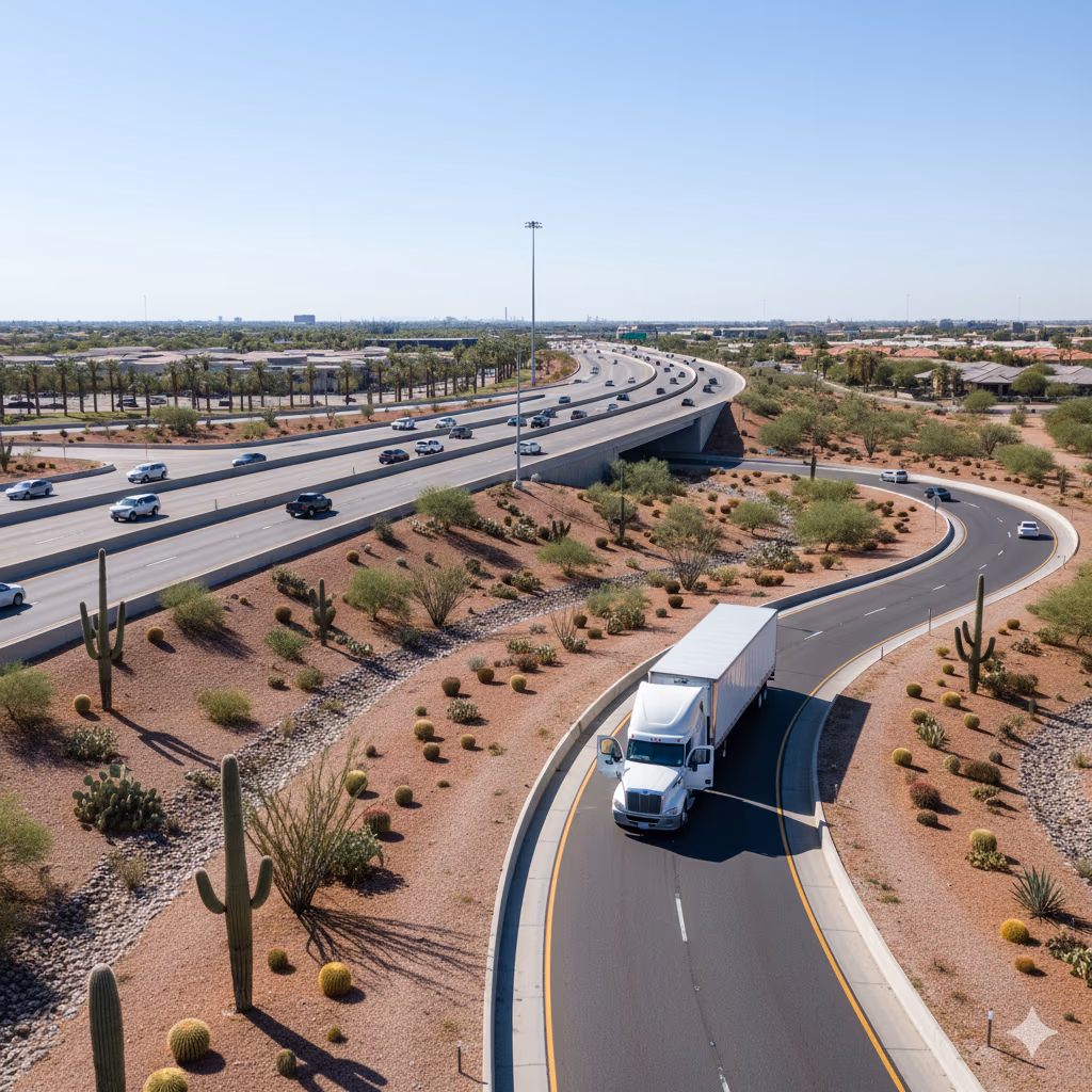 Professional mobile diesel mechanic truck on Gilbert highway with downtown skyline - same-day emergency roadside assistance available