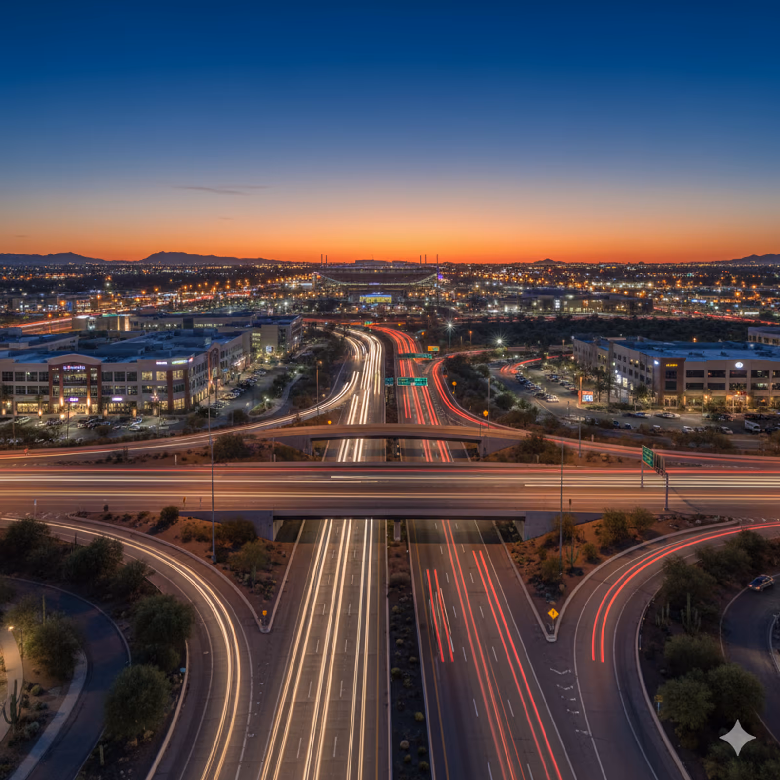 Professional mobile diesel mechanic truck on Glendale highway with downtown skyline - same-day emergency roadside assistance available