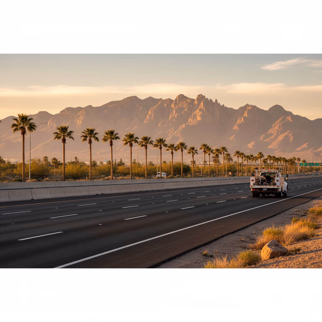 Professional mobile diesel mechanic truck on Goodyear highway with downtown skyline - same-day emergency roadside assistance available