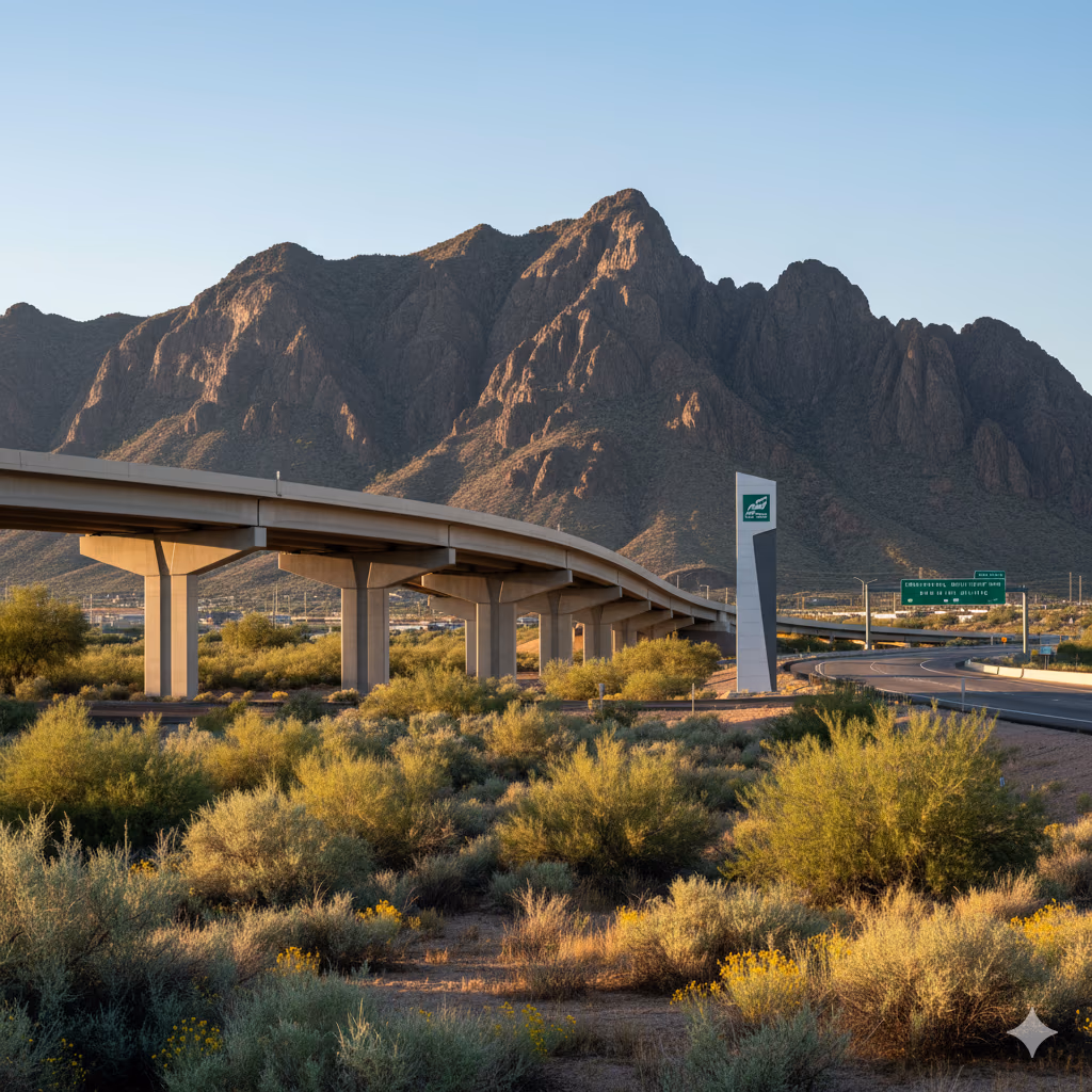 Professional mobile diesel mechanic truck on Laveen highway with downtown skyline - same-day emergency roadside assistance available