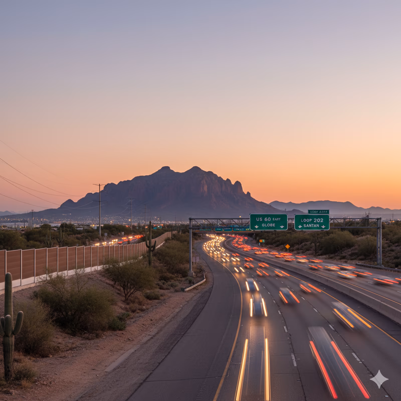 Professional mobile diesel mechanic truck on Mesa highway with downtown skyline - same-day emergency roadside assistance available