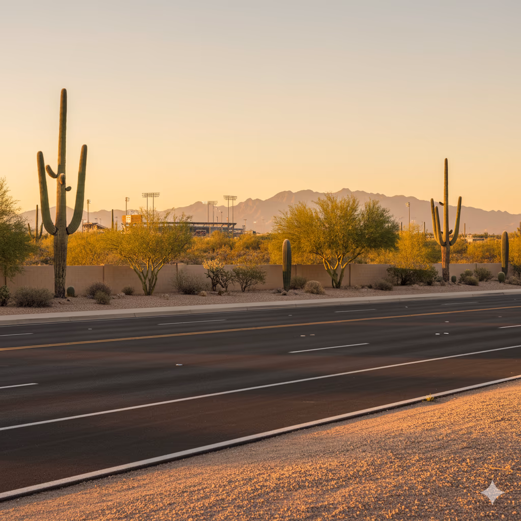 Professional mobile diesel mechanic truck on Peoria highway with downtown skyline - same-day emergency roadside assistance available