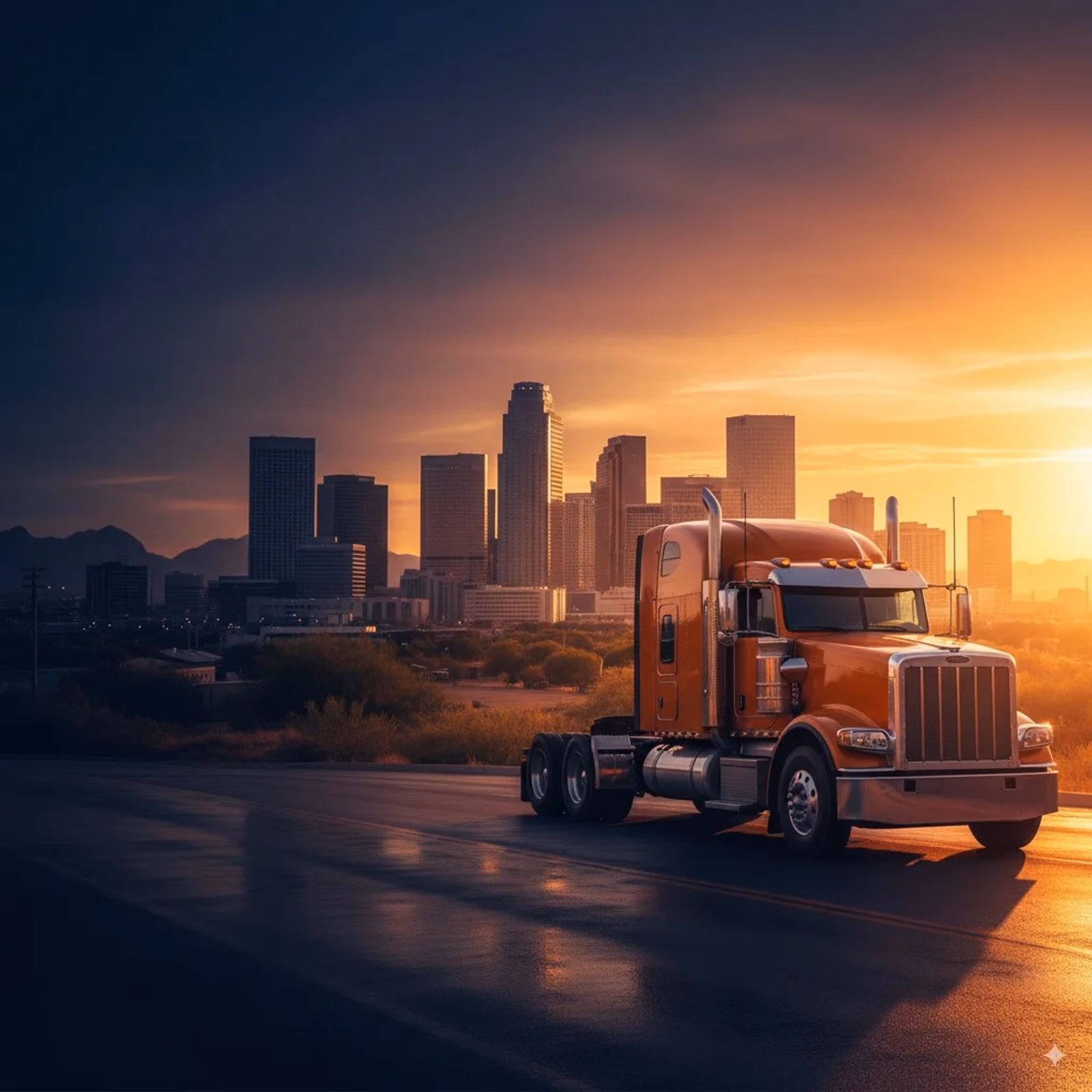 Professional mobile diesel mechanic truck on Phoenix highway with downtown skyline - same-day emergency roadside assistance available