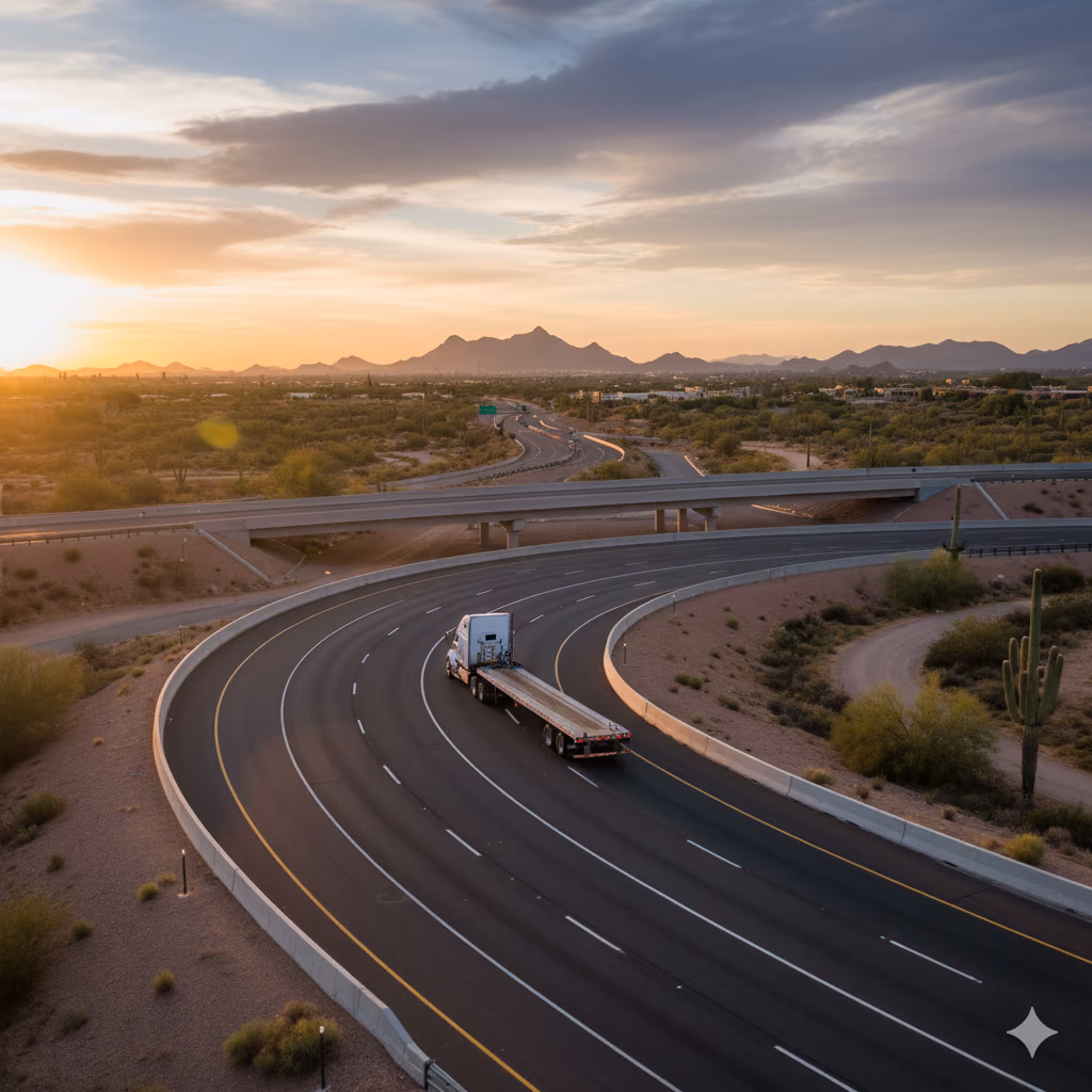 Professional mobile diesel mechanic truck on Queen Creek highway with downtown skyline - same-day emergency roadside assistance available