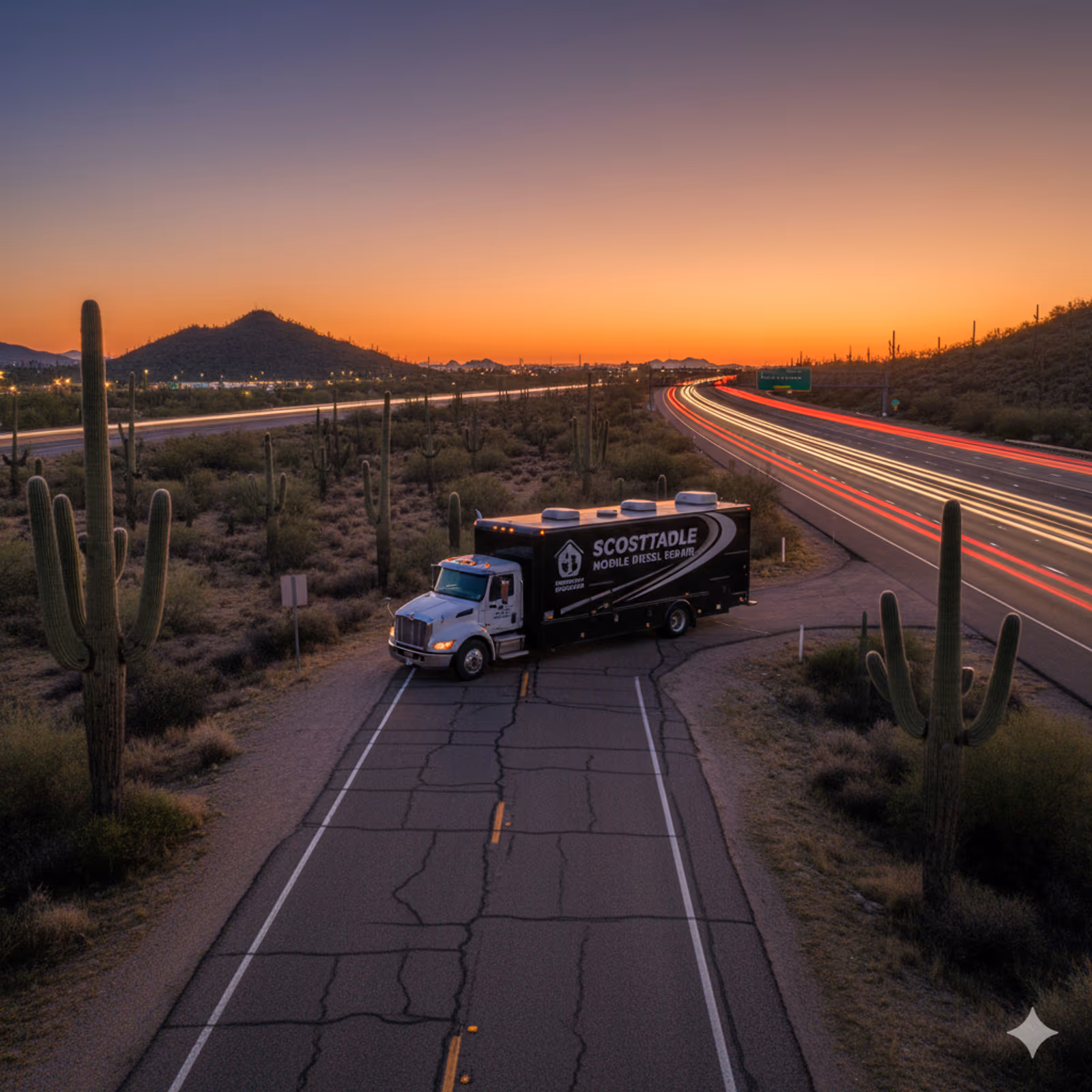 Professional mobile diesel mechanic truck on Scottsdale highway with downtown skyline - same-day emergency roadside assistance available