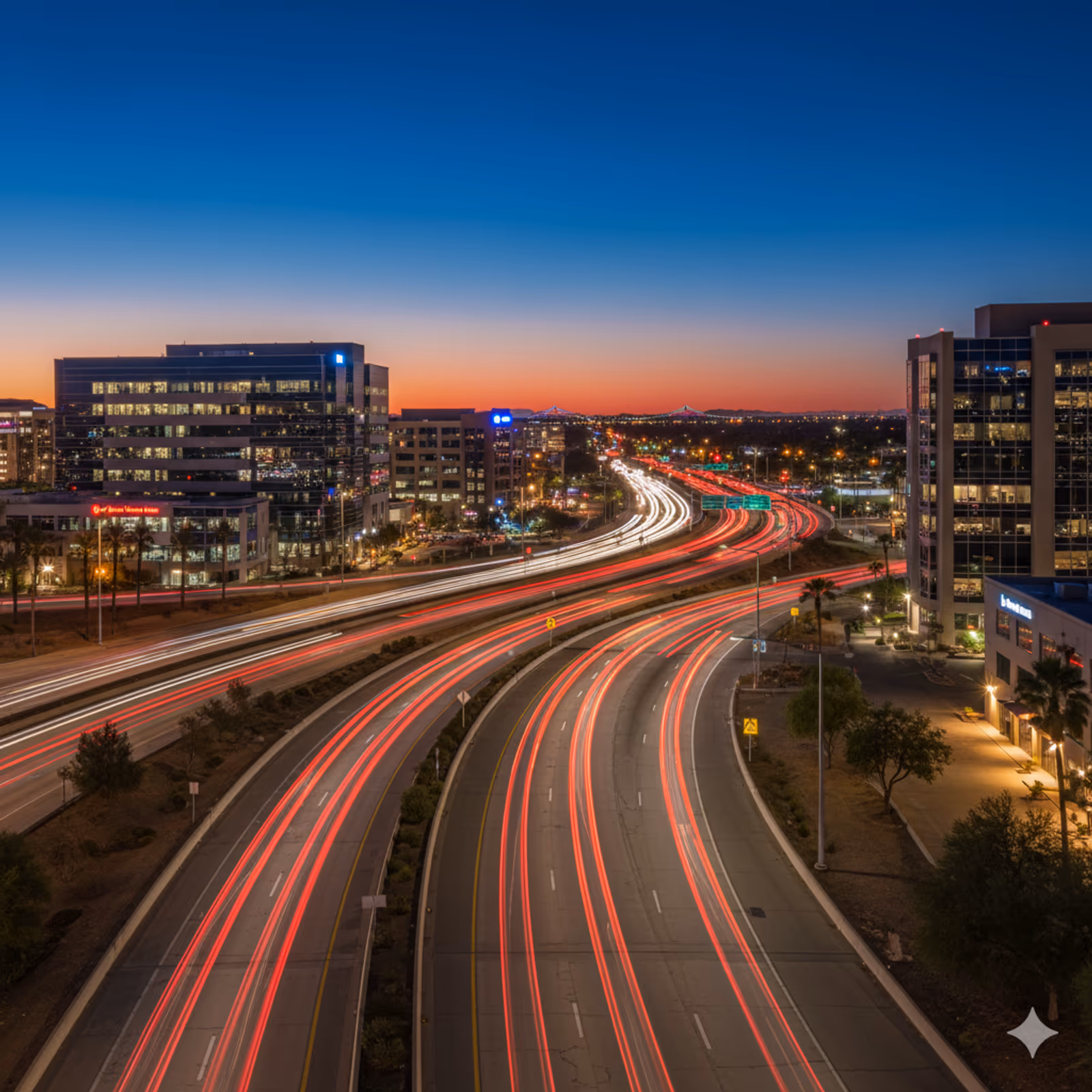 Professional mobile diesel mechanic truck on Tempe highway with downtown skyline - same-day emergency roadside assistance available
