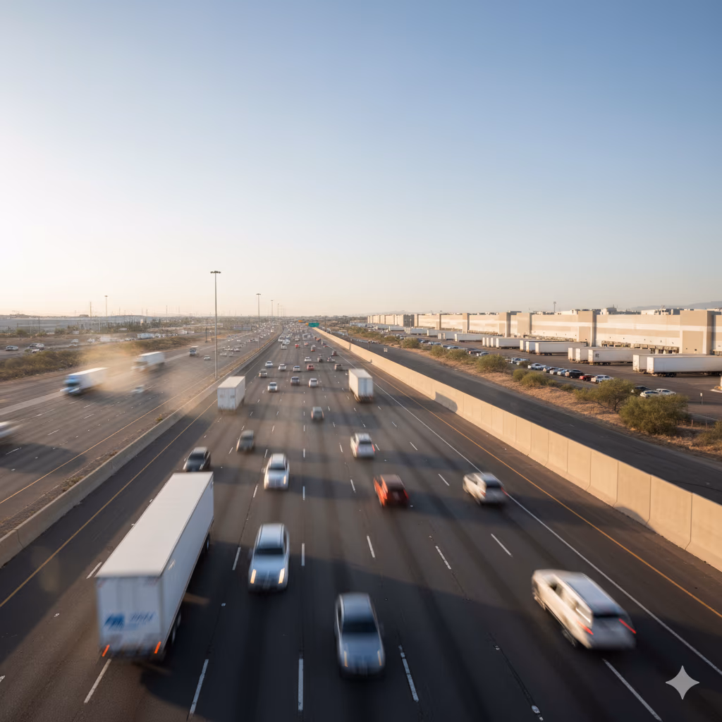 Professional mobile diesel mechanic truck on Tolleson highway with downtown skyline - same-day emergency roadside assistance available